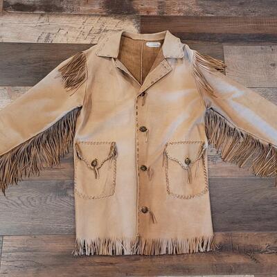 Lot 418: Vintage Leather Fringe Coat with RARE US Indian Services Buttons 
