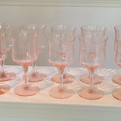 Lot 125: Elegant, Vintage, Etched Pink Depression Glasses (Service for 10)
