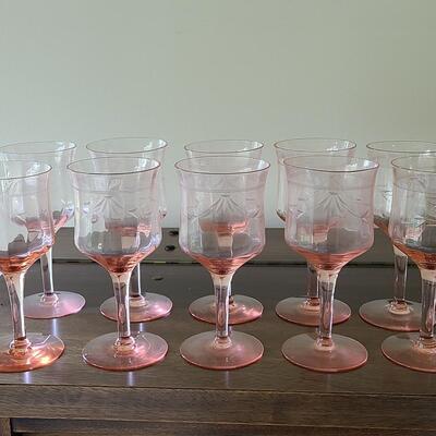 Lot 125: Elegant, Vintage, Etched Pink Depression Glasses (Service for 10)