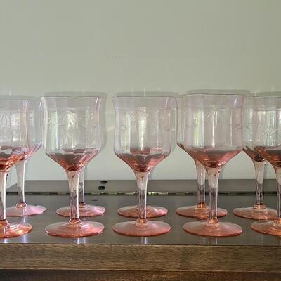 Lot 125: Elegant, Vintage, Etched Pink Depression Glasses (Service for 10)