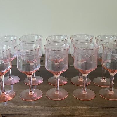 Lot 125: Elegant, Vintage, Etched Pink Depression Glasses (Service for 10)