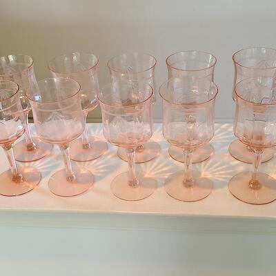 Lot 125: Elegant, Vintage, Etched Pink Depression Glasses (Service for 10)