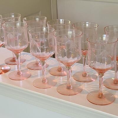 Lot 125: Elegant, Vintage, Etched Pink Depression Glasses (Service for 10)