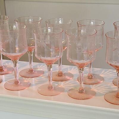Lot 125: Elegant, Vintage, Etched Pink Depression Glasses (Service for 10)