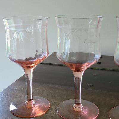 Lot 125: Elegant, Vintage, Etched Pink Depression Glasses (Service for 10)