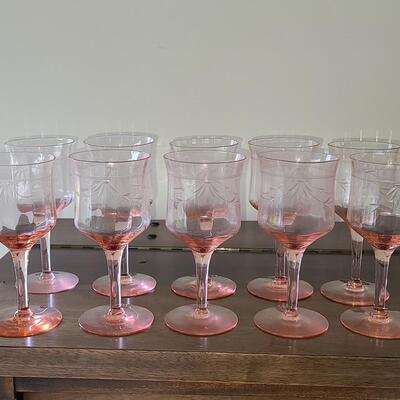 Lot 125: Elegant, Vintage, Etched Pink Depression Glasses (Service for 10)