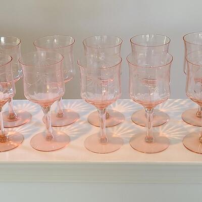Lot 125: Elegant, Vintage, Etched Pink Depression Glasses (Service for 10)