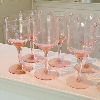 Lot 125: Elegant, Vintage, Etched Pink Depression Glasses (Service for 10)