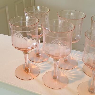 Lot 125: Elegant, Vintage, Etched Pink Depression Glasses (Service for 10)