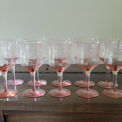 Lot 125: Elegant, Vintage, Etched Pink Depression Glasses (Service for 10)