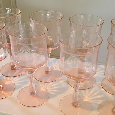 Lot 125: Elegant, Vintage, Etched Pink Depression Glasses (Service for 10)