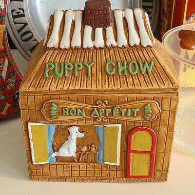 Lot 129: Vintage Puppy Chow Dog Treat Pottery Canister and More 