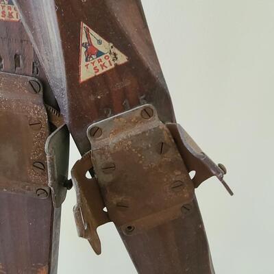 Lot 133: Antique/Vintage Tyro Wooden Downhill Skis with poles 