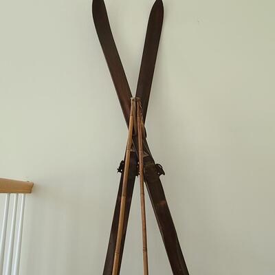 Lot 133: Antique/Vintage Tyro Wooden Downhill Skis with poles 