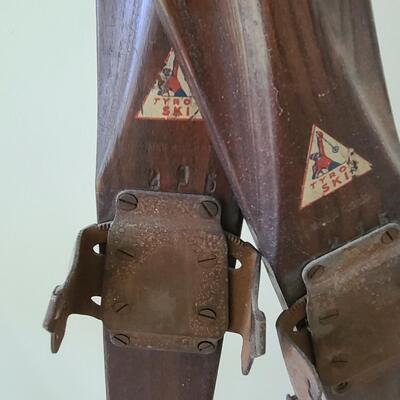 Lot 133: Antique/Vintage Tyro Wooden Downhill Skis with poles 