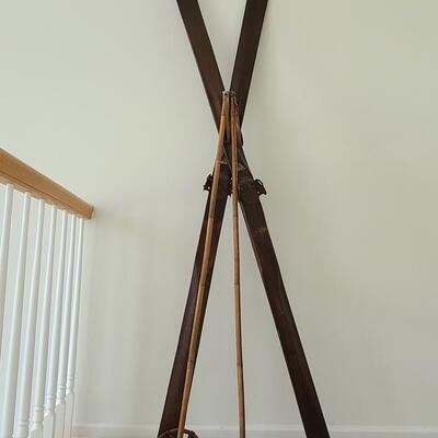 Lot 133: Antique/Vintage Tyro Wooden Downhill Skis with poles 