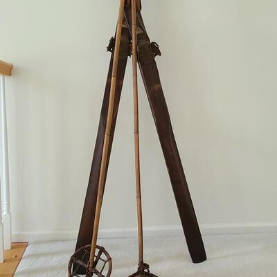 Lot 133: Antique/Vintage Tyro Wooden Downhill Skis with poles 