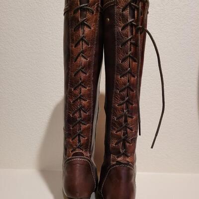 Lot 443: Pikolinos Lace Up Back Knee High Brown Leather Boots Size 38 