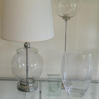 Lot 134: Home Accents: Chrome Based Lamp, Etched Glass Vase and More 