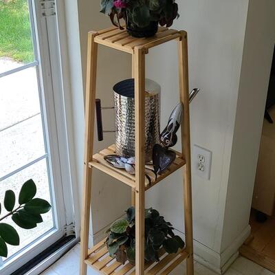 Lot 142: Plant Stand, Live Plants, Watering Can & Tools 