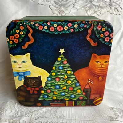 Vintage Dept 56 Christmas Tin with Cats
