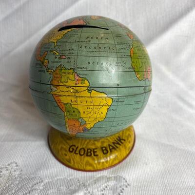 Vintage Tin Litho Globe Bank J. Chein & Co Made in USA Metal Toy 