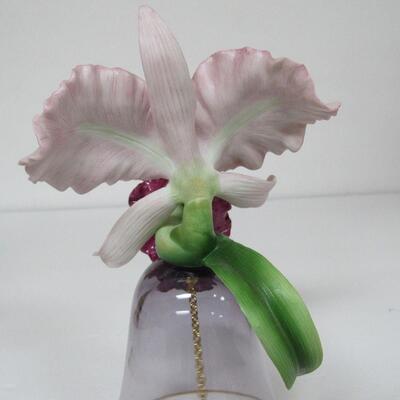 Nice Vintage Glass Bell With Porcelain Orchid Attached Violet Colored Glass, Pretty