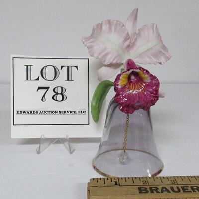 Nice Vintage Glass Bell With Porcelain Orchid Attached Violet Colored Glass, Pretty