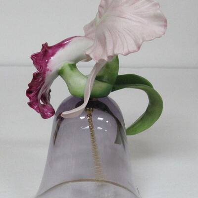 Nice Vintage Glass Bell With Porcelain Orchid Attached Violet Colored Glass, Pretty