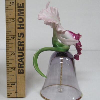 Nice Vintage Glass Bell With Porcelain Orchid Attached Violet Colored Glass, Pretty
