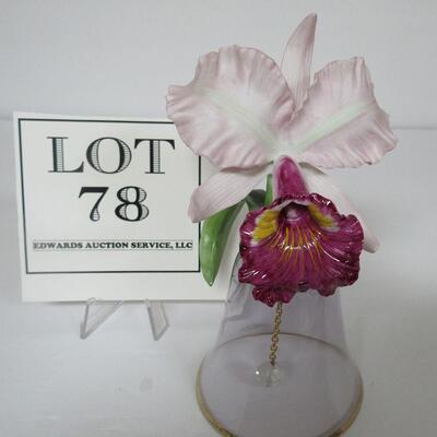 Nice Vintage Glass Bell With Porcelain Orchid Attached Violet Colored Glass, Pretty