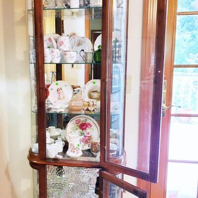 Tall Oak Lighted China Cabinet with Rounded Glass