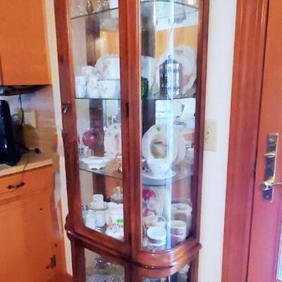 Tall Oak Lighted China Cabinet with Rounded Glass