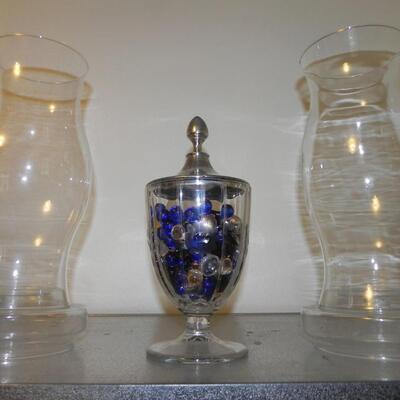 LOT 131  HURRICAN CANDLE HOLDERS AND CANDY DISH