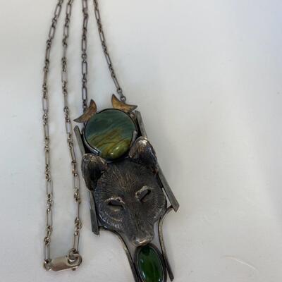 Lot J5 - Silver wolf necklace with Rough Jasper stone and a Jade cabochon stone. Signed B. Stone