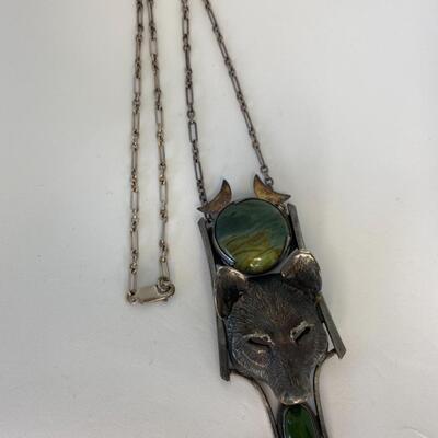 Lot J5 - Silver wolf necklace with Rough Jasper stone and a Jade cabochon stone. Signed B. Stone