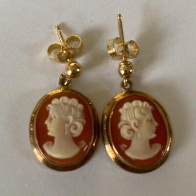 Lot J6 - Cameo set, Includes goldfill Pendant/Brooch,  14k yellow gold Earrings and 14k yellow gold Ring.