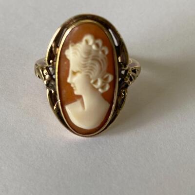 Lot J6 - Cameo set, Includes goldfill Pendant/Brooch,  14k yellow gold Earrings and 14k yellow gold Ring.
