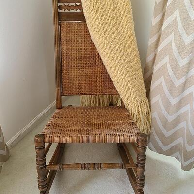 Lot 377U: Carved Back Caned Rocker and Throw 