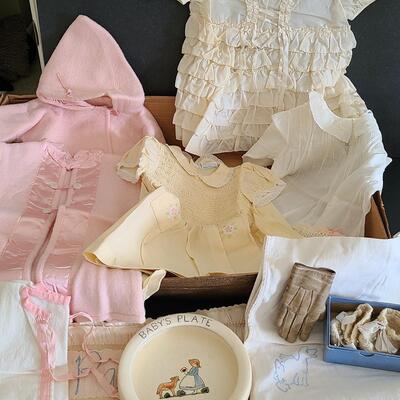 Lot 381U: Antique Baby Clothes & Pottery Baby Plate