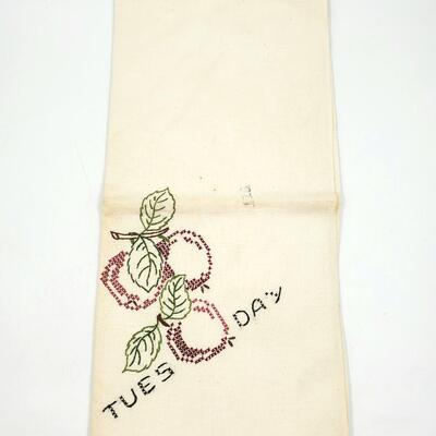 HAND CRAFTED CROSS-STITCHED DAYS OF THE WEEK FRUIT TEA TOWELS