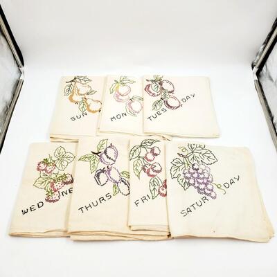 HAND CRAFTED CROSS-STITCHED DAYS OF THE WEEK FRUIT TEA TOWELS