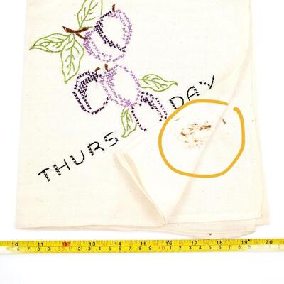HAND CRAFTED CROSS-STITCHED DAYS OF THE WEEK FRUIT TEA TOWELS