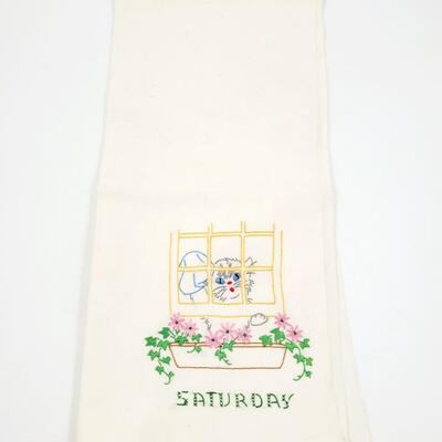 HAND CRAFTED CROSS-STITCHED DAYS OF THE WEEK KITTEN TEA TOWELS