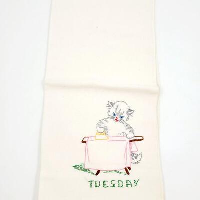 HAND CRAFTED CROSS-STITCHED DAYS OF THE WEEK KITTEN TEA TOWELS