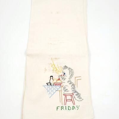 HAND CRAFTED CROSS-STITCHED DAYS OF THE WEEK KITTEN TEA TOWELS