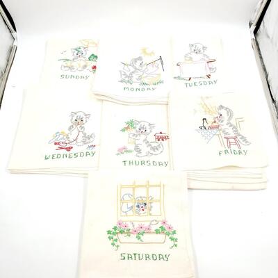 HAND CRAFTED CROSS-STITCHED DAYS OF THE WEEK KITTEN TEA TOWELS