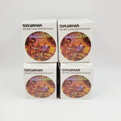 SYLVANIA 150 WATT CLEAR OUTDOOR FLOOD LAMPS WITH ORIGINAL BOX BUNLDE OF 4