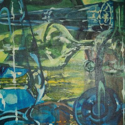 Lot 420U: Vintage "Bottles Up" Painting on Canvas (MCM pop of color)