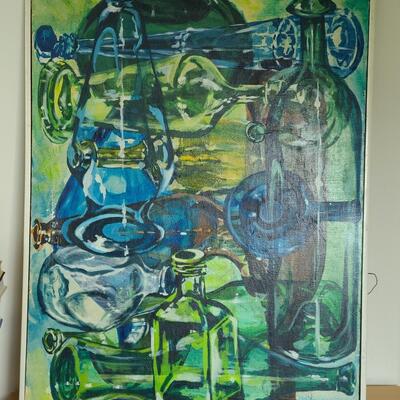 Lot 420U: Vintage "Bottles Up" Painting on Canvas (MCM pop of color)